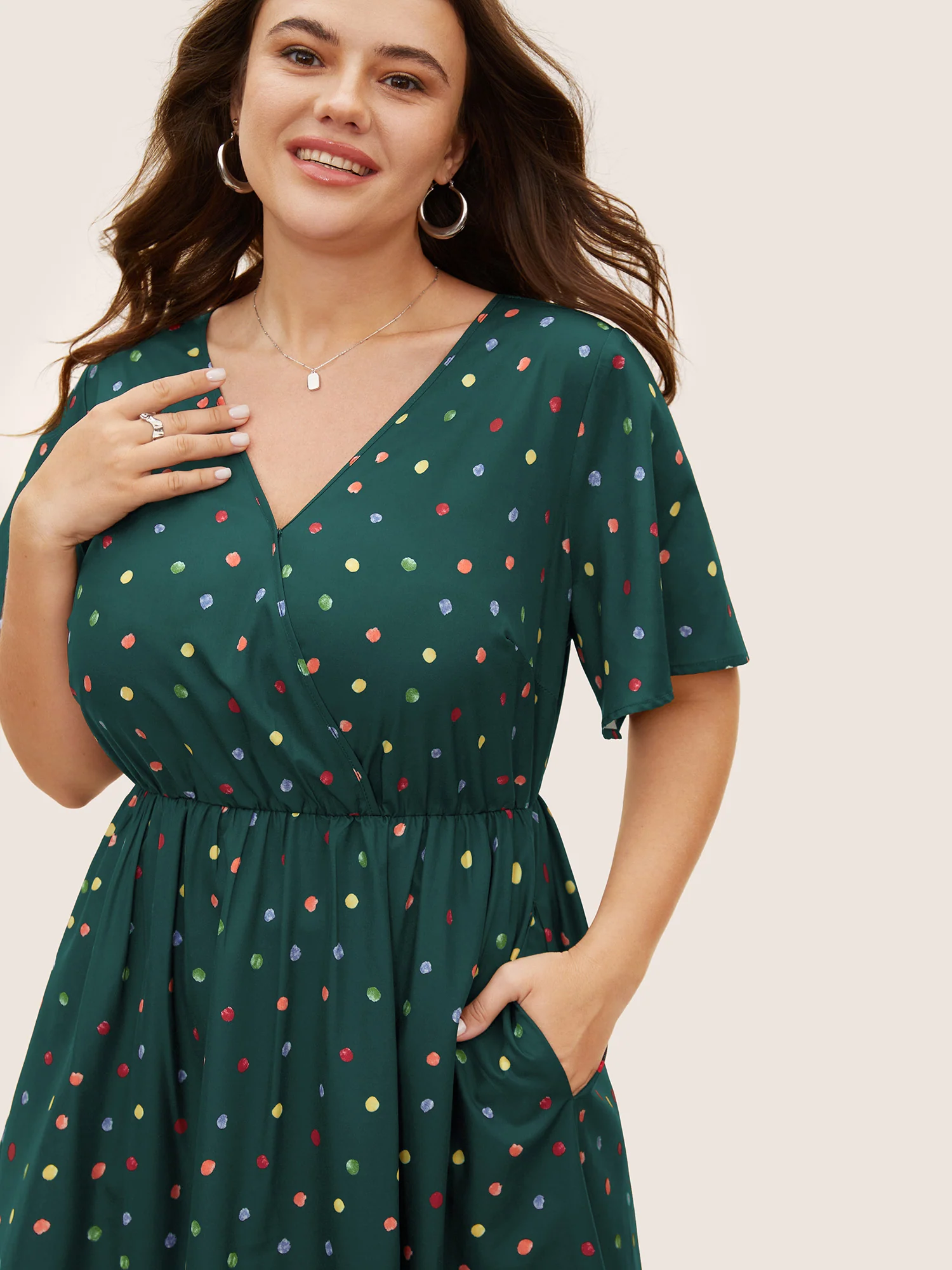 Colored Polka Dot Overlap Collar Midi Dress