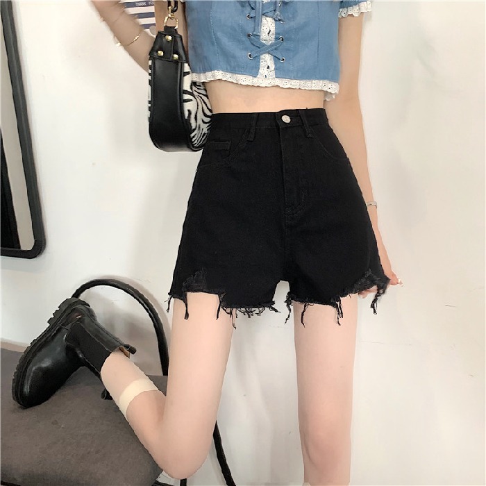 Ripped high-waisted skinny hot pants spicy broad leg jeans