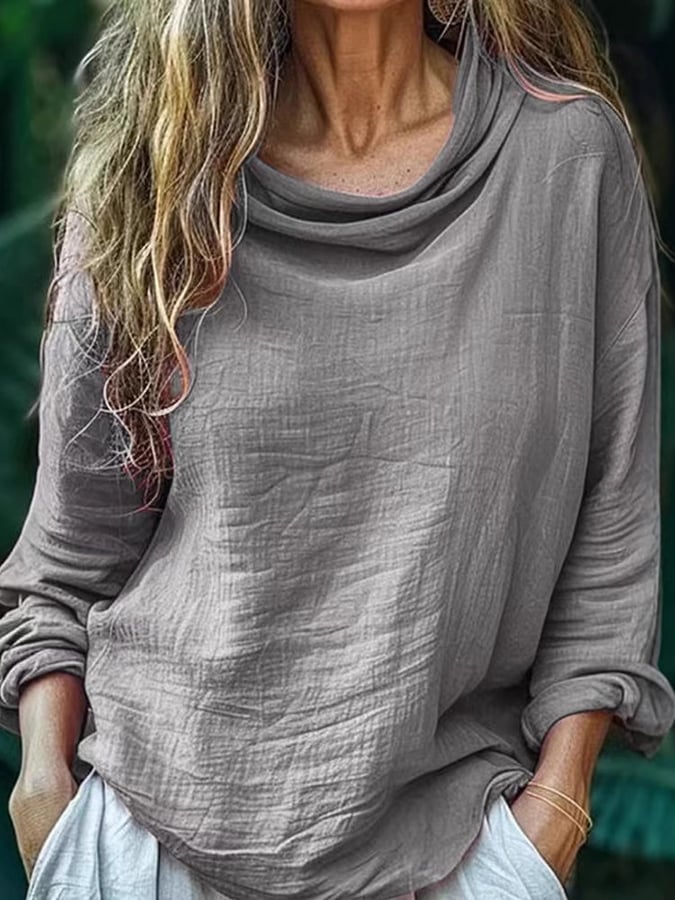 Ladies Pile Collar Pullover Pleated Long Sleeve Loose Casual Shirt