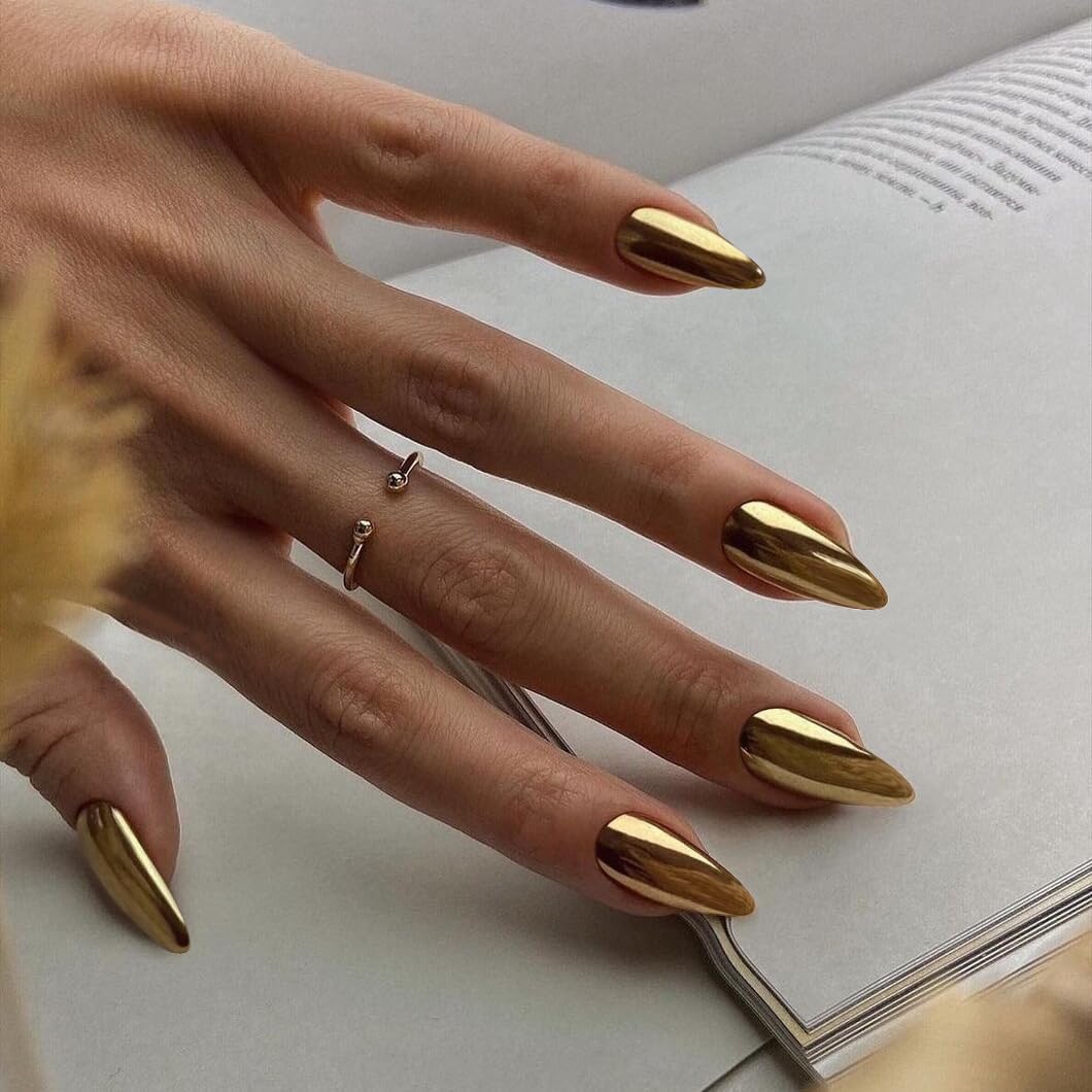 24Pcs Metal Chrome Press on Nails Medium Almond Fake Nails