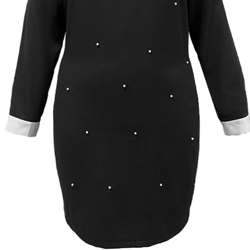 Elegant Lapel Long Sleeve Beaded Dress with Contrast Color Stitching