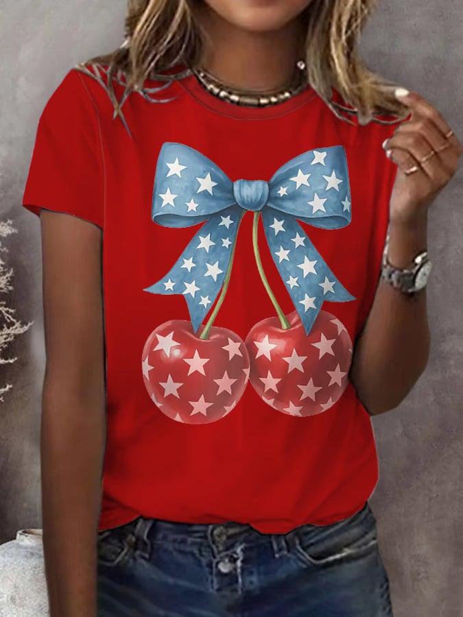 Women's Retro Cherry Bow Patriotic 4th Of July Print T-Shirt
