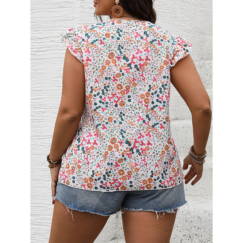 Plus Size Summer V Neck Sleeveless Short Shirt Lotus Edge Pullover Print Casual Shirt