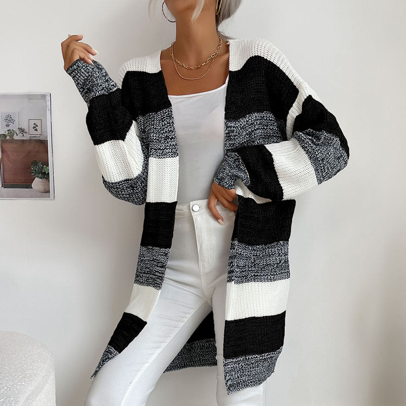 Graceful and Fashionable Women's Colorblock Sweater Coat without Buttons