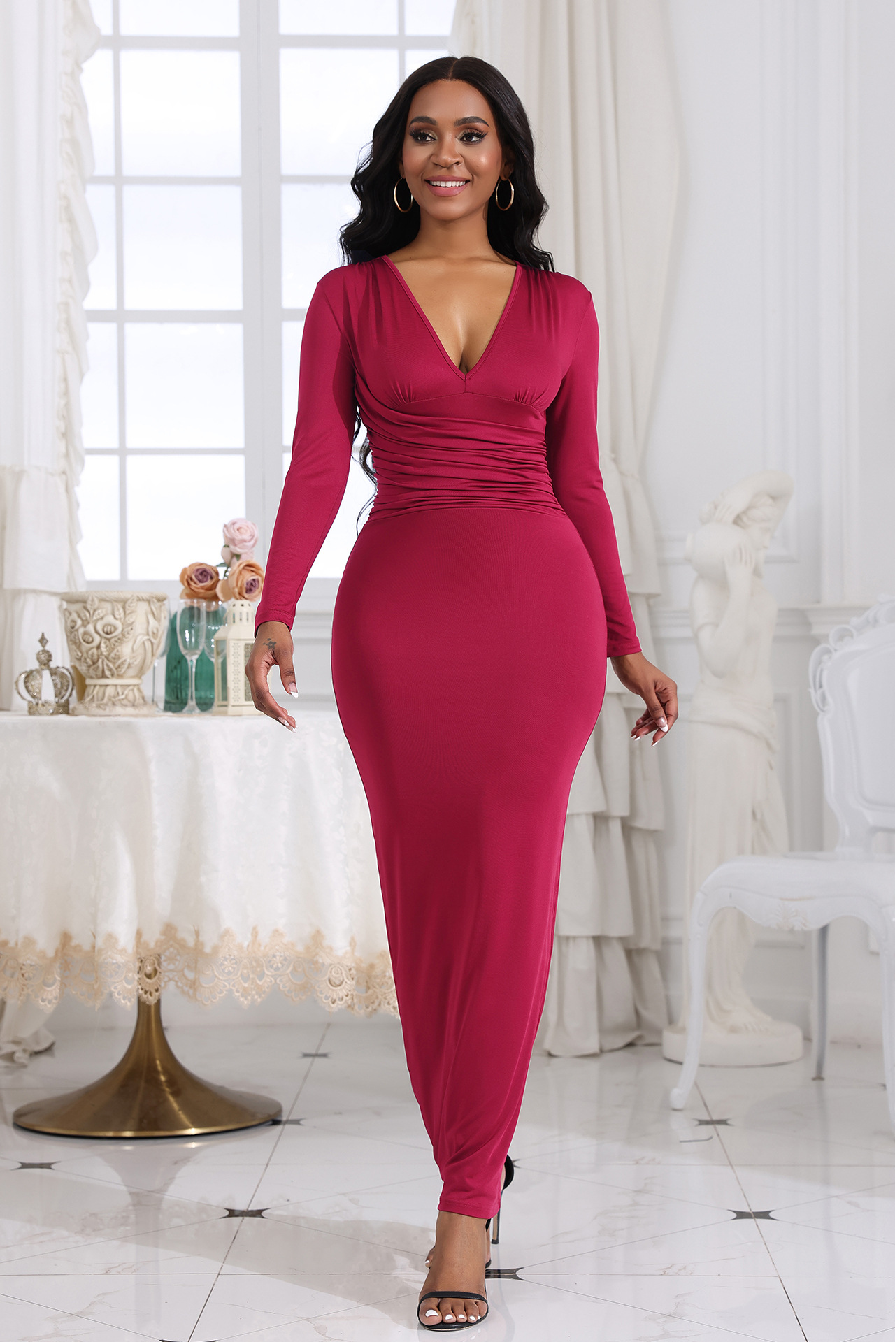 DeepPink Fashionable sexy v-neck slim pleats solid color long sleeves dress