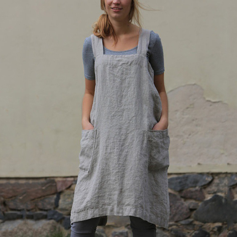Retro solid color side pocket cotton apron dress