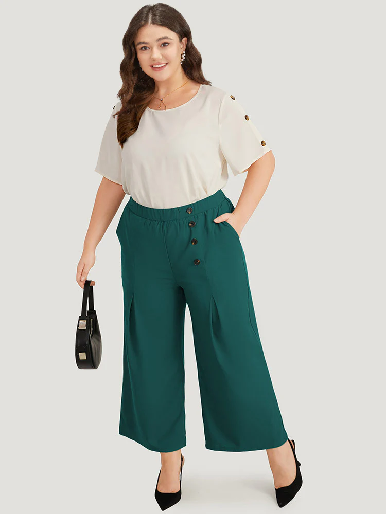 Solid Pleated Button Detail Straight Leg Pants