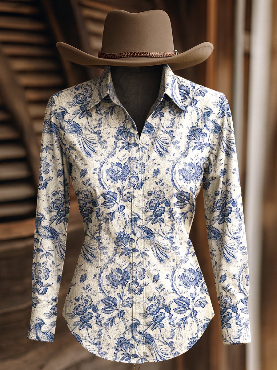 Women's Vintage Flower and Bird Print Western Long Sleeve Shirt
