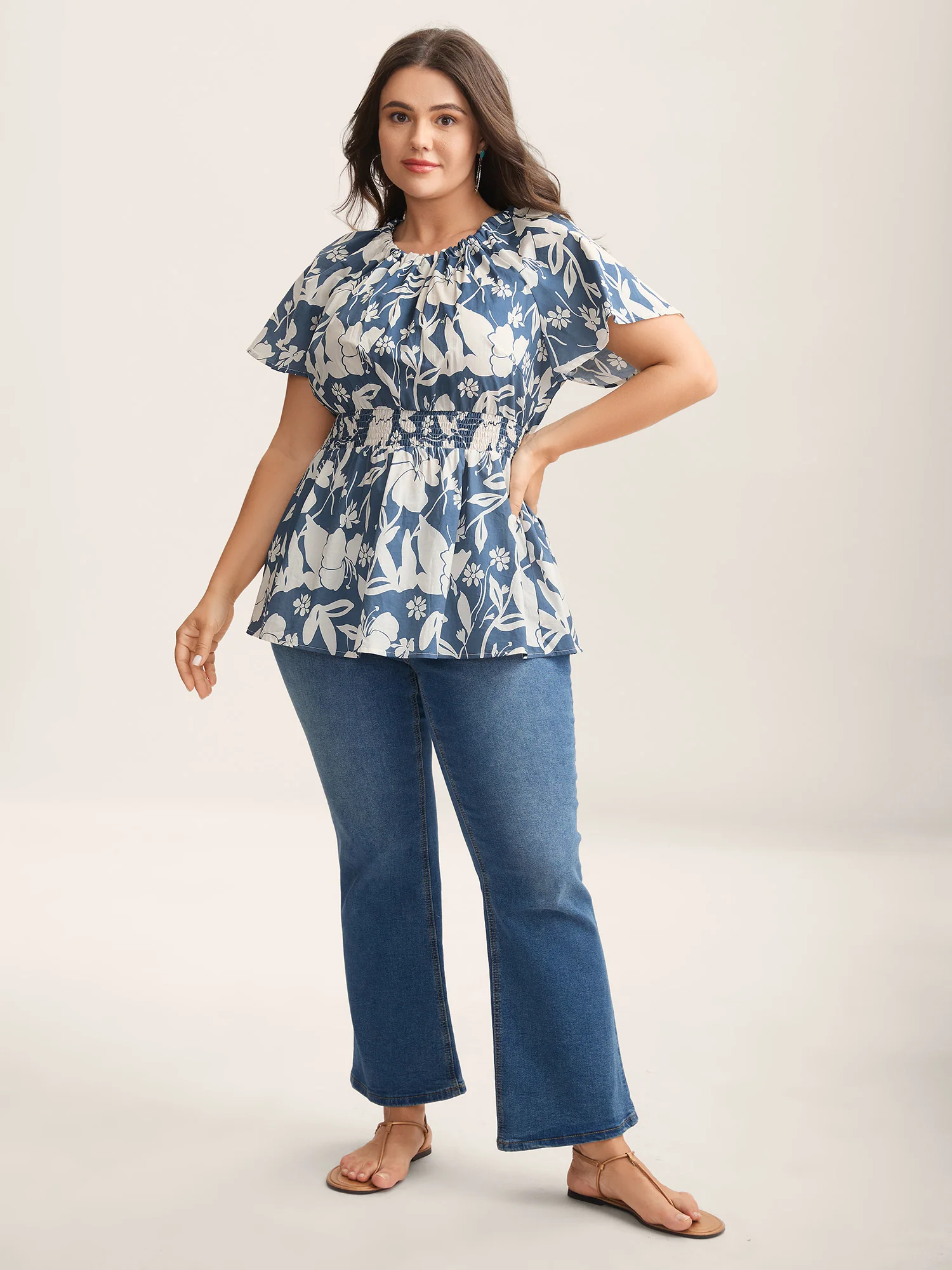 Cotton Silhouette Floral Print Shirred Waist Blouse