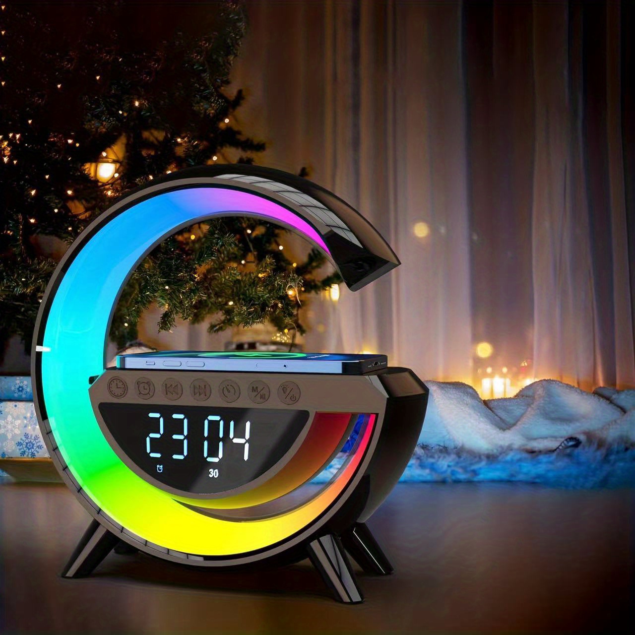 Coolest Alarm Clock Ever: Big G  Wireless Speaker 6 Kinds Of Light Mode Wireless Charging Function Compatible With IOS / Android System Black And White Clock With Timing, White Noise & More!