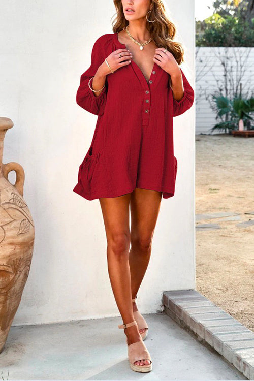 Heididress Solid Button Down Shorts Romper with Pockets