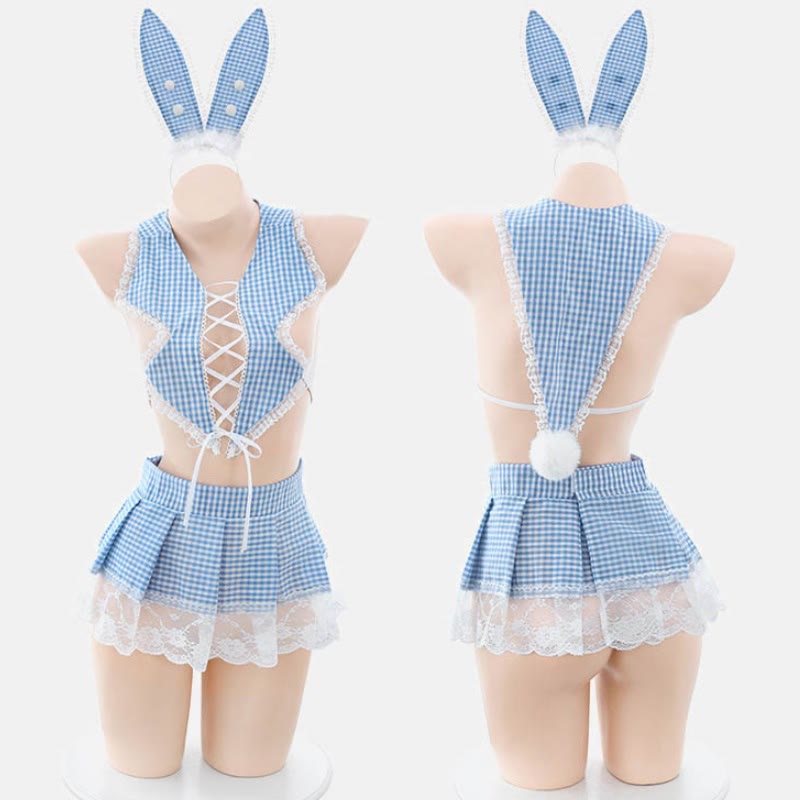 Cosplay Rabbit Lattice Print Top Short Skirt Lingerie Set