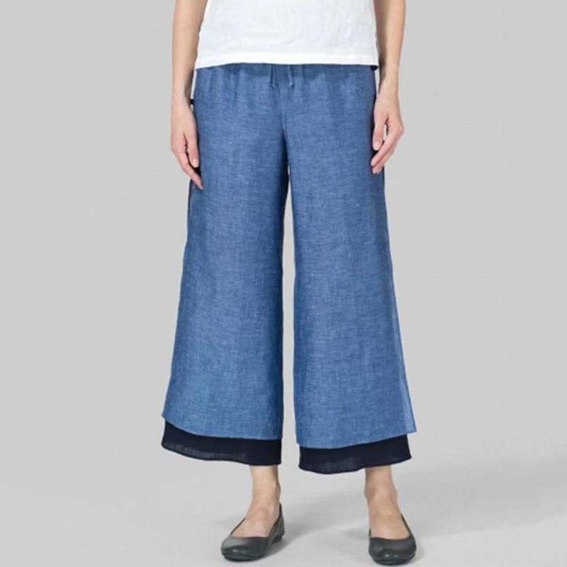 Casual Color Block Buckle Slit Loose Cropped Pants