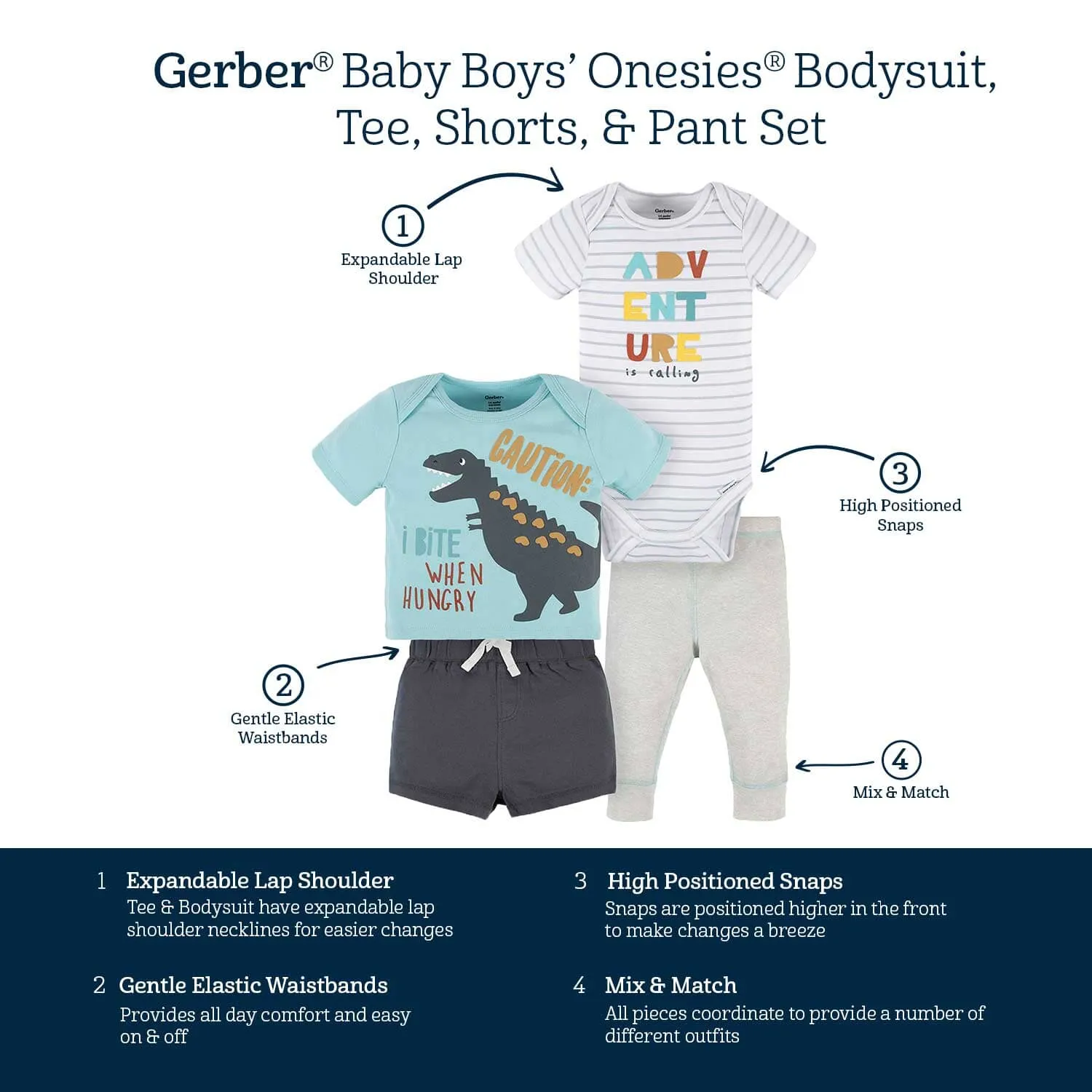 4-Piece Baby Boys Dino Blues Onesies Bodysuit, Tee, Shorts & Pant Set
