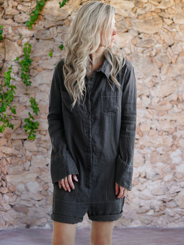 Button Up Short Linen Jumpsuit