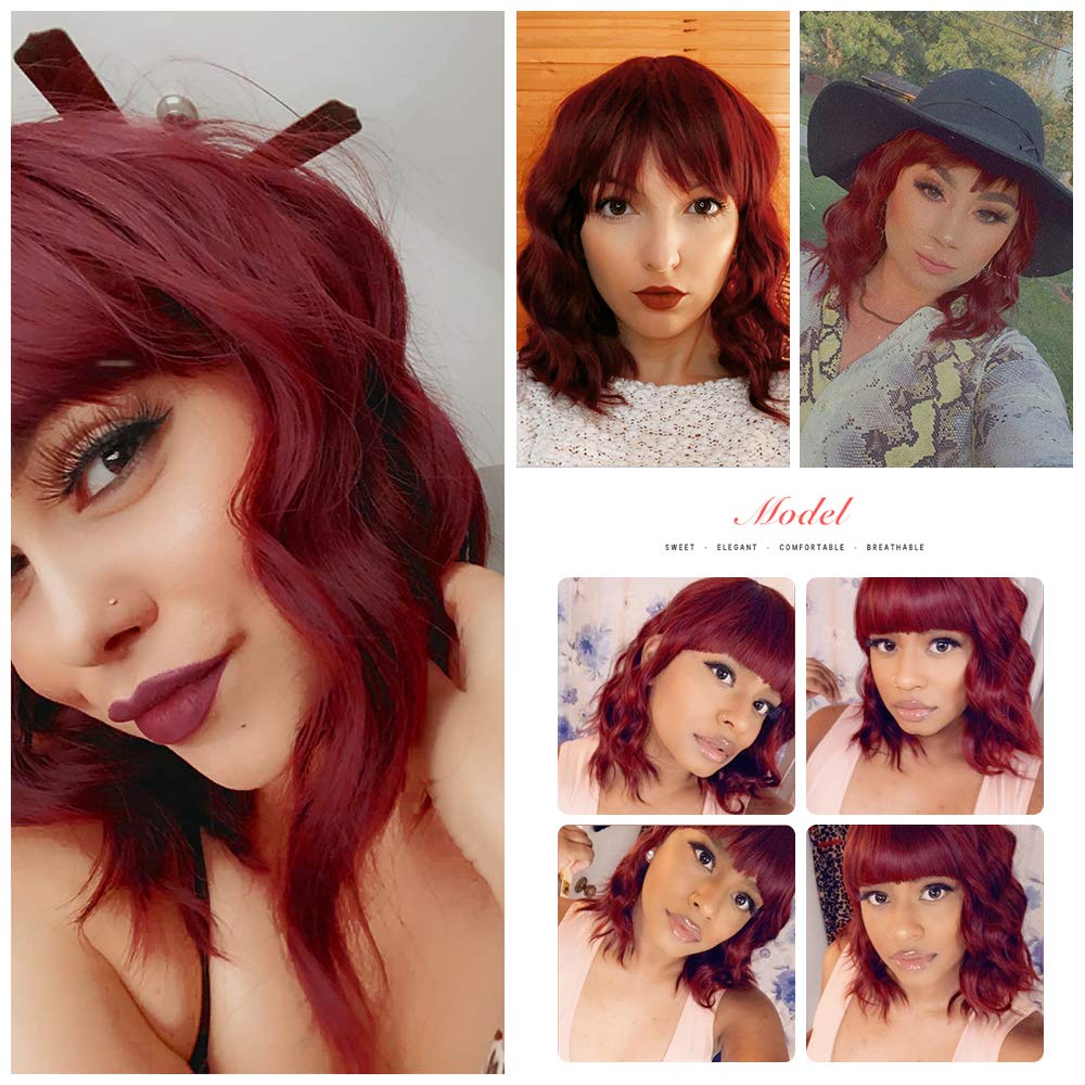Luna Wine Red Women Bob Curly Wigs with Bangs Natural Looking Heat Resistant Fiber Hair for Women