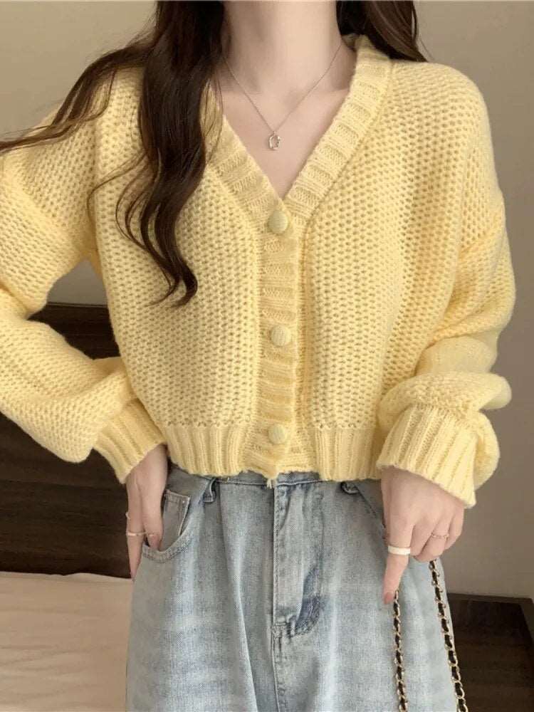 Button-Up V-Neck Knit Cardigan