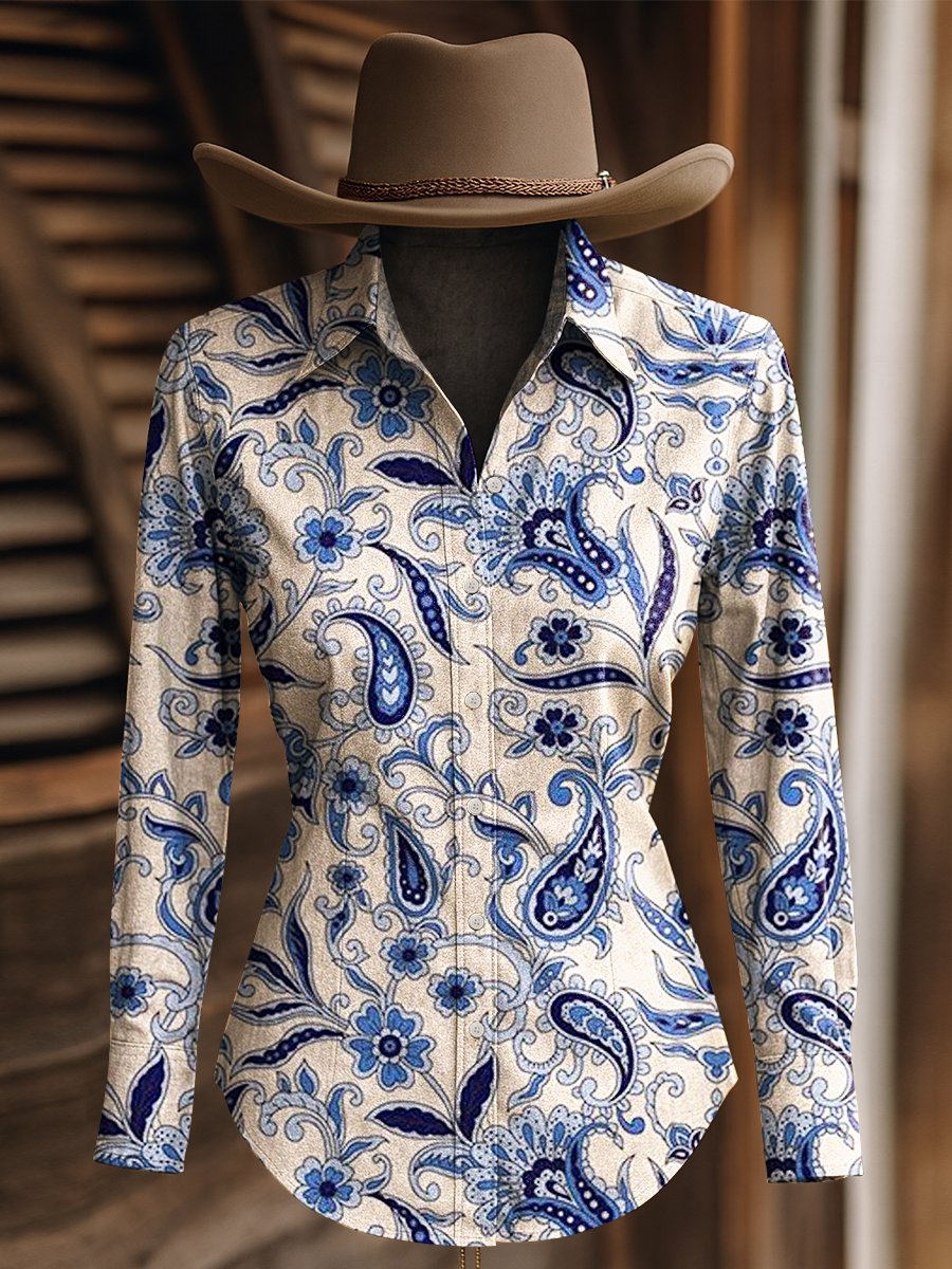 Women's Vintage Paisley Print Western Long Sleeve Shirt