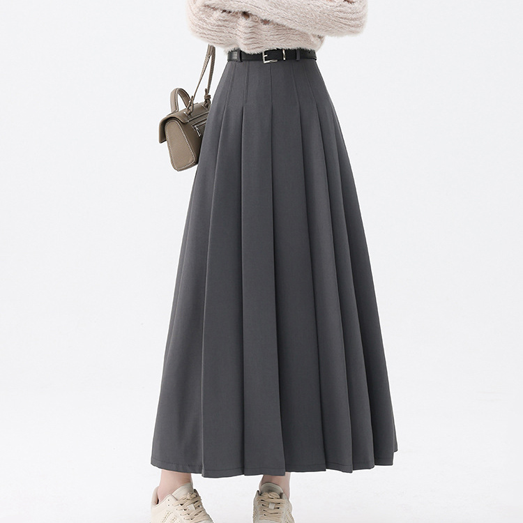 Gray High waist show thin pleated skirt belt suit skirt