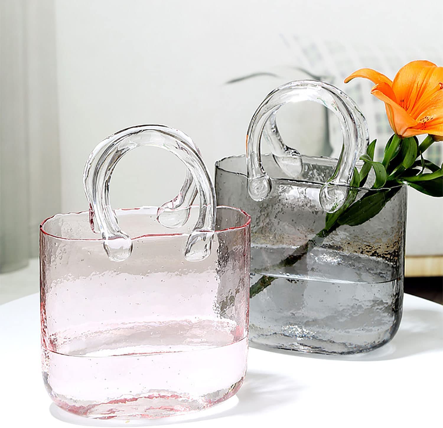 Glass Purse Vases for Flowers,Hand Blown Pink Vase with Bubbles in It