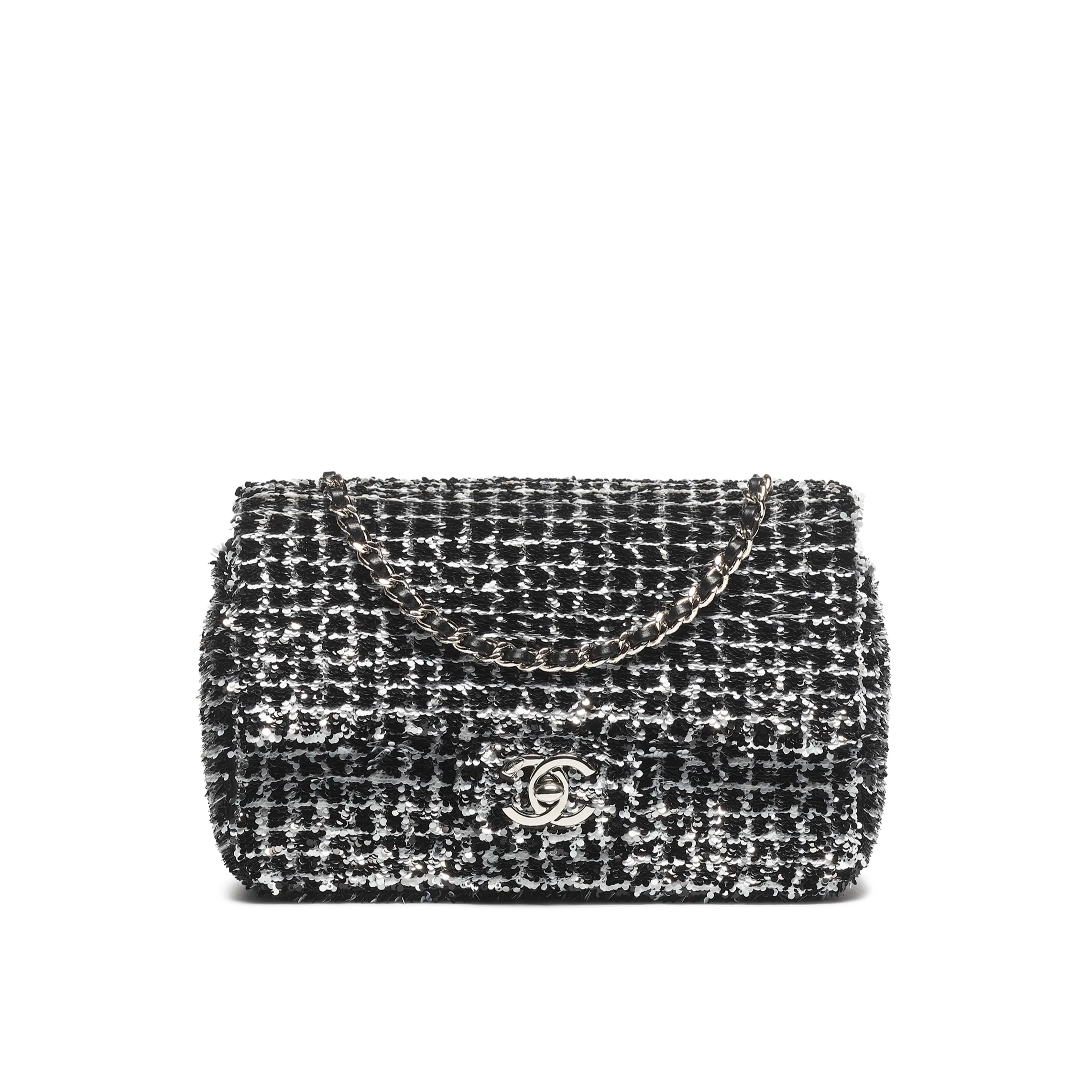 Chanel Small Flap Bag Sequins & Silver-Tone Metal Black, White & Silver AS4418-B19054-NACYG
