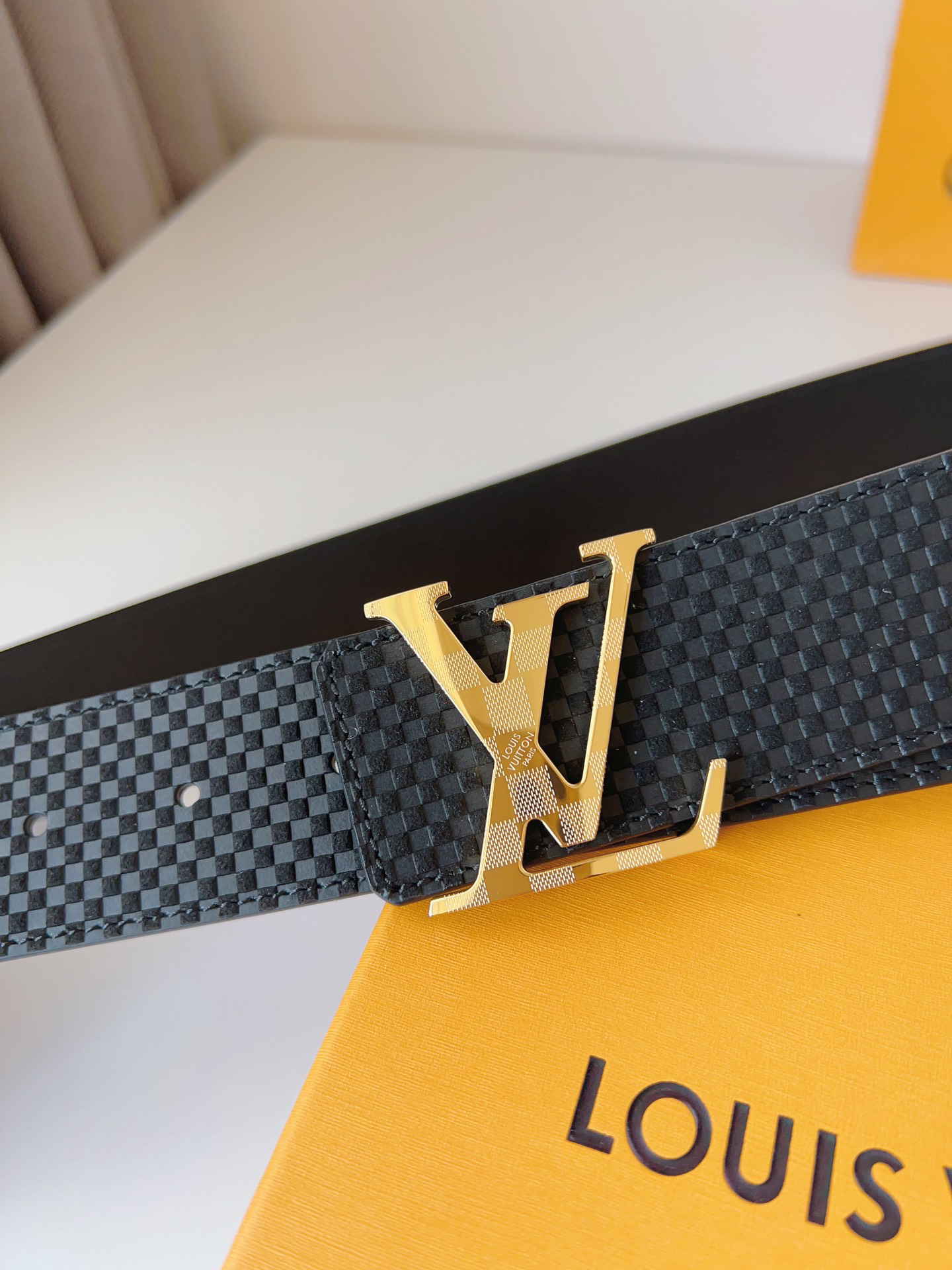 Louis Vuitton Square Embossed Cowhide Leather Belt 4CM Width