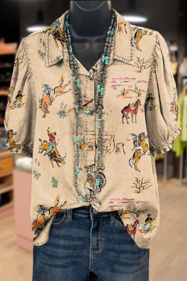 Western Cowboy Print Puff Sleeve Top