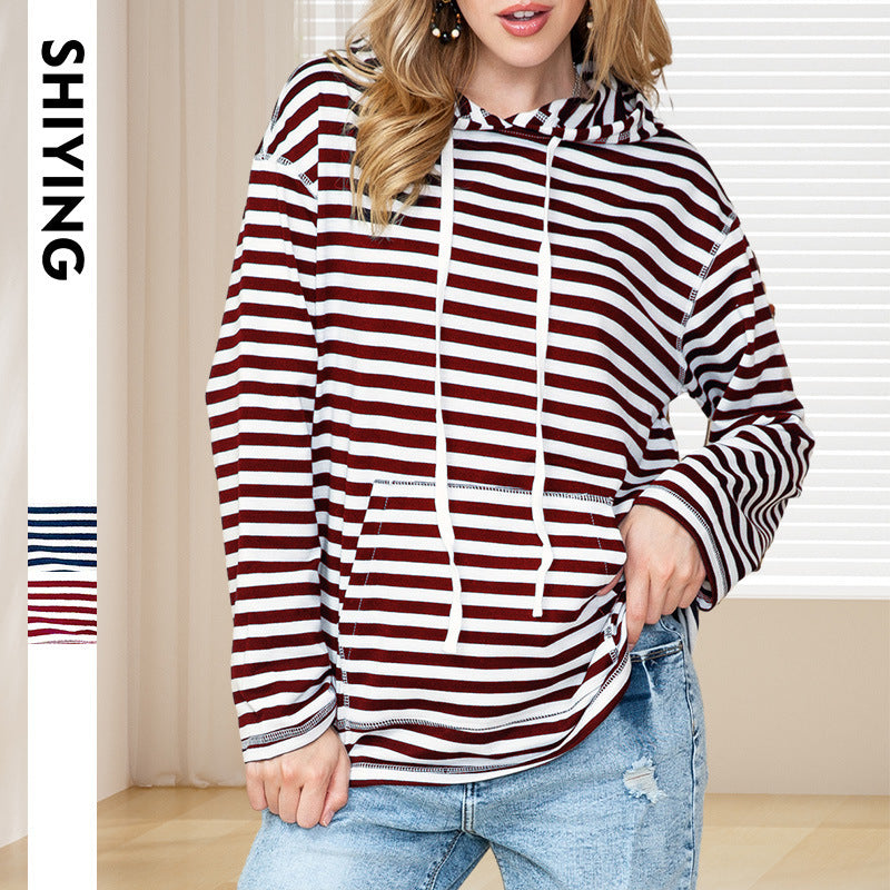 Shiying Striped Hooded Sweater, Women's Autumn Fashion, Loose-Fit Long Sleeve Top