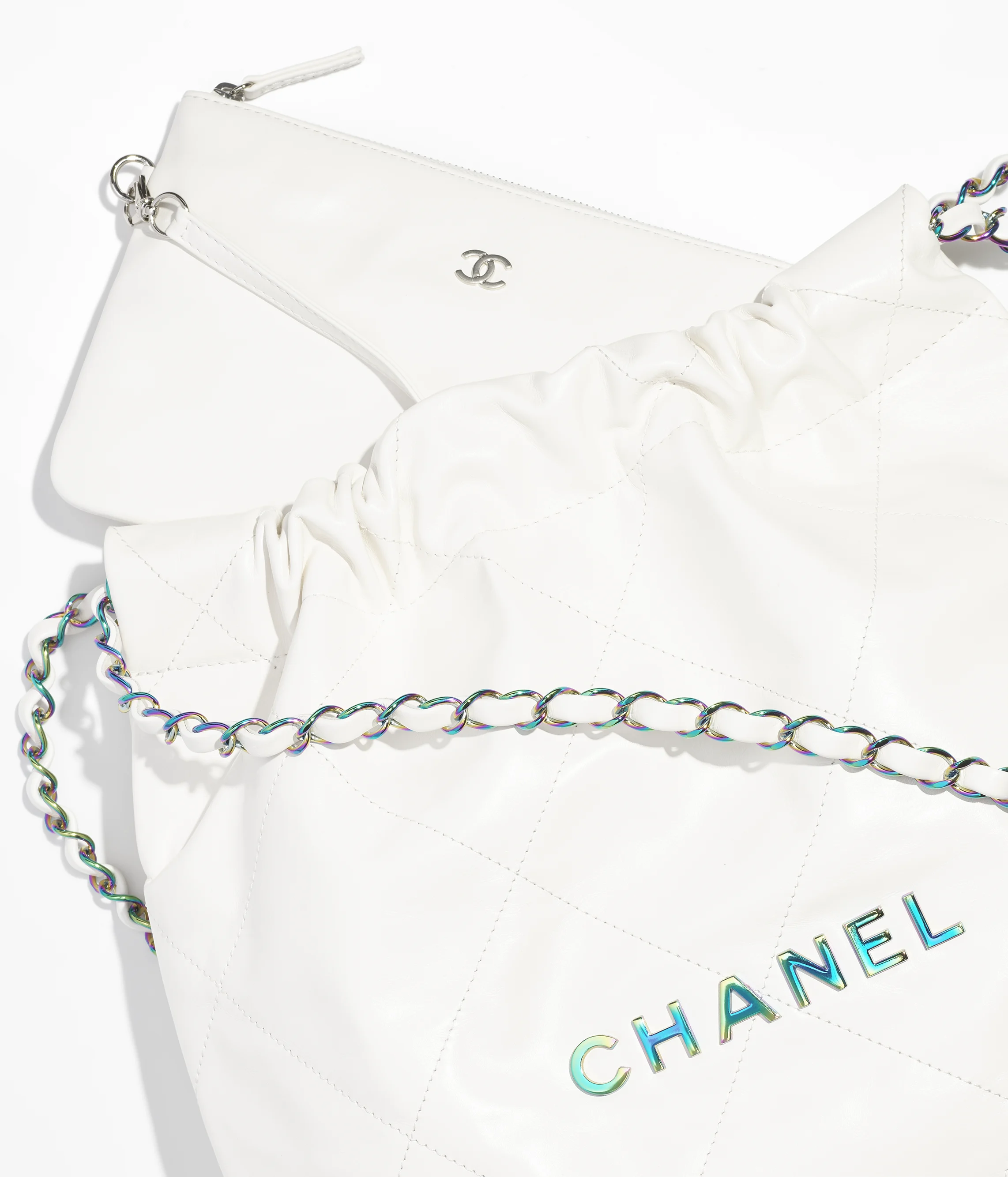 CHANEL 22 Small Handbag Shiny Calfskin & Rainbow Metal White AS3260-B15000-10601