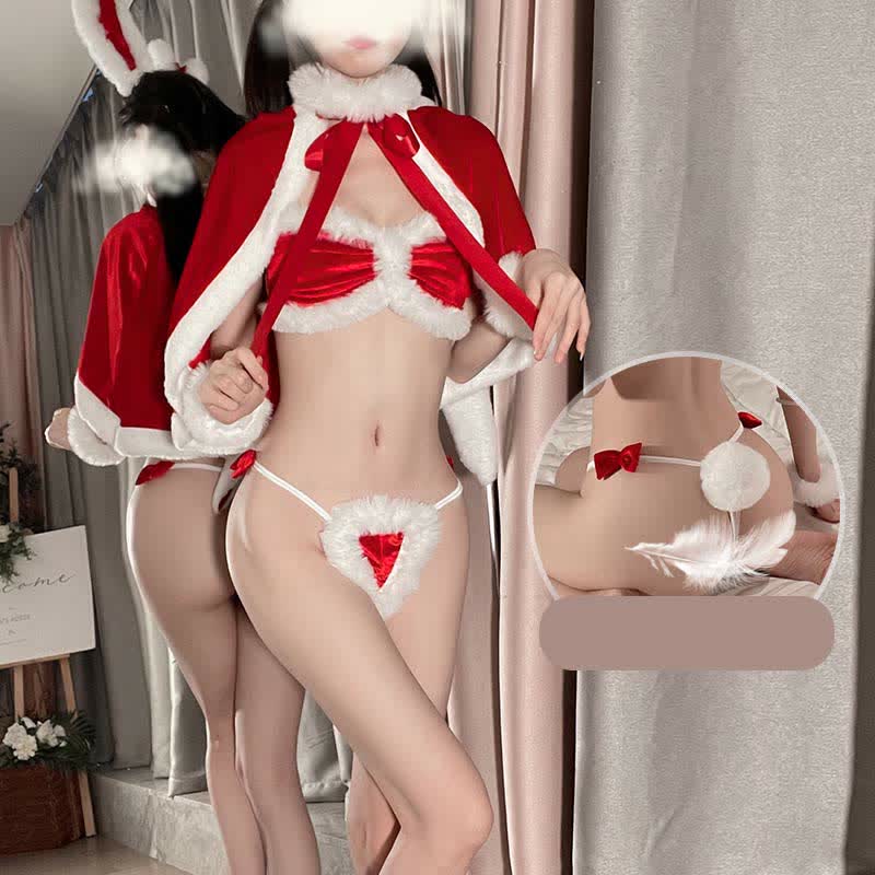 Sexy Fuzzy Ball Bikini Lingerie Set With Bunny Hooded Cloak