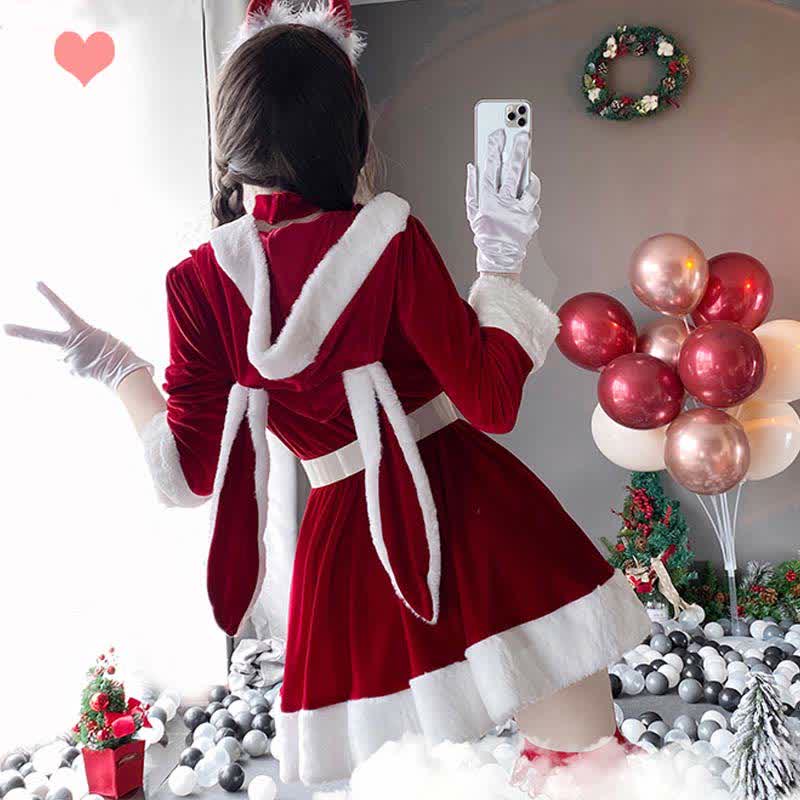 Bunny Ears Bow Knot V-neck Hooded Dress With Belt