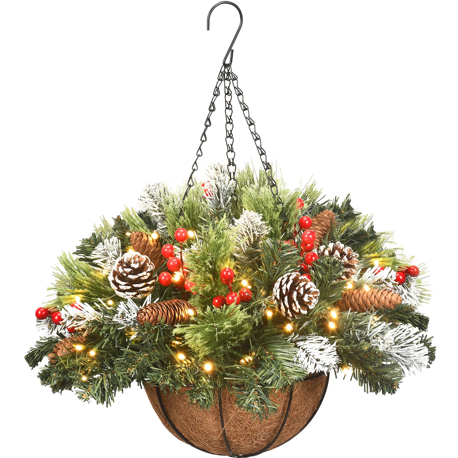 🔥Last Day 50% OFF🔥Pre-lit Artificial Christmas Hanging Basket - Flocked with Mixed Decorations and White LED Lights - Frosted Berry