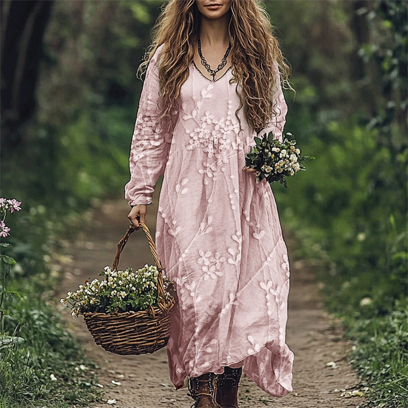 Classy Floral Embroidered Lace Linen Blend Flowy Maxi Dress