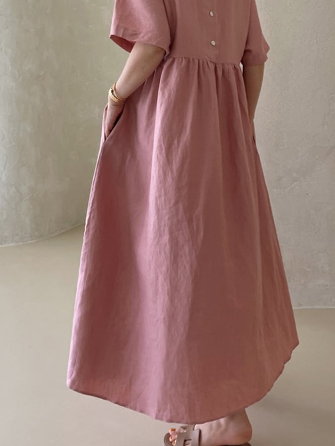 Women's Solid Color Buttoned Design Loose Cotton And Linen Casual Dress