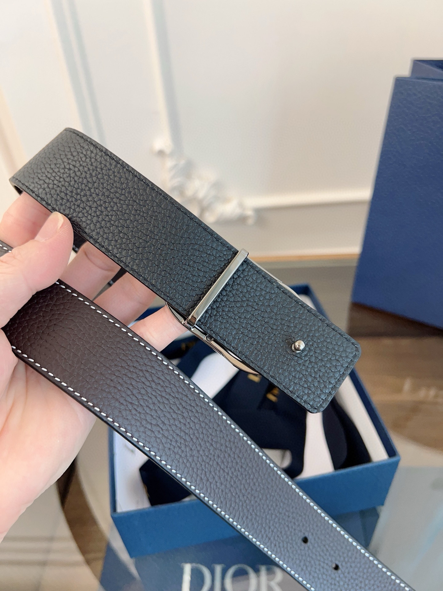 Dior coffee black double-sided cowhide leather belt width 3.5cm