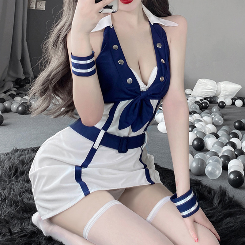 V-neck Colorblock Belted Lingerie Dress Stockings Set