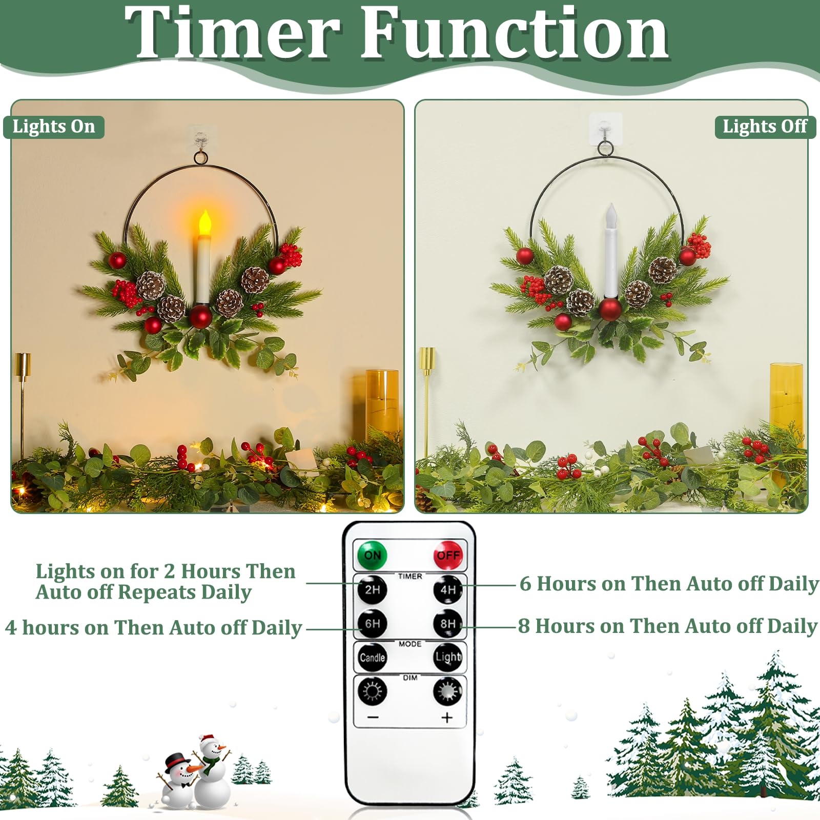 🎄CHRISTMAS ON SALE🎄Christmas Front Door & Window Wreaths with LED Candles & Timer Remote