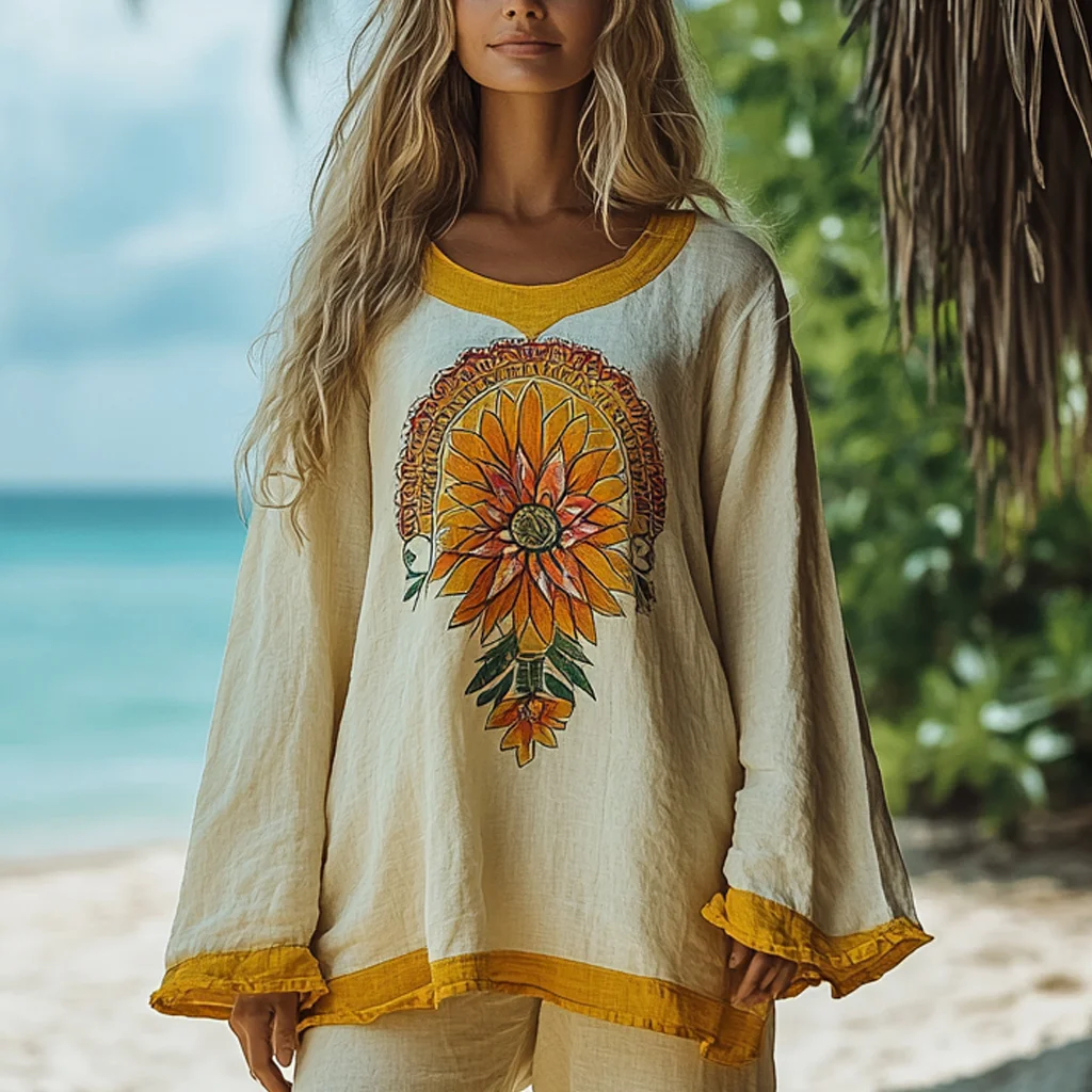 Vintage Bohemian Beach Vacation Floral Art Linen Long-sleeved Round Neck Tops