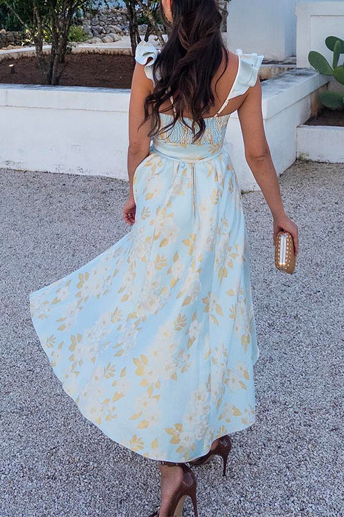 Heididress Ruffled Shoulder Bow Knot Waist Slit Printed Vintage Party Dress