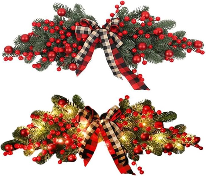 🎄Christmas promotion🔥Pre-installed red fruit door wreath with lights, urn filler with real feel