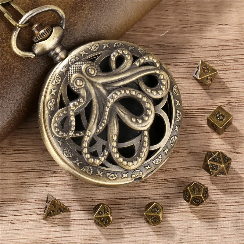 Retro Hollow Octopus Pocket Watch Case Pendant Chain with 7pcs Metal Polyhedral Dice Game Accessory