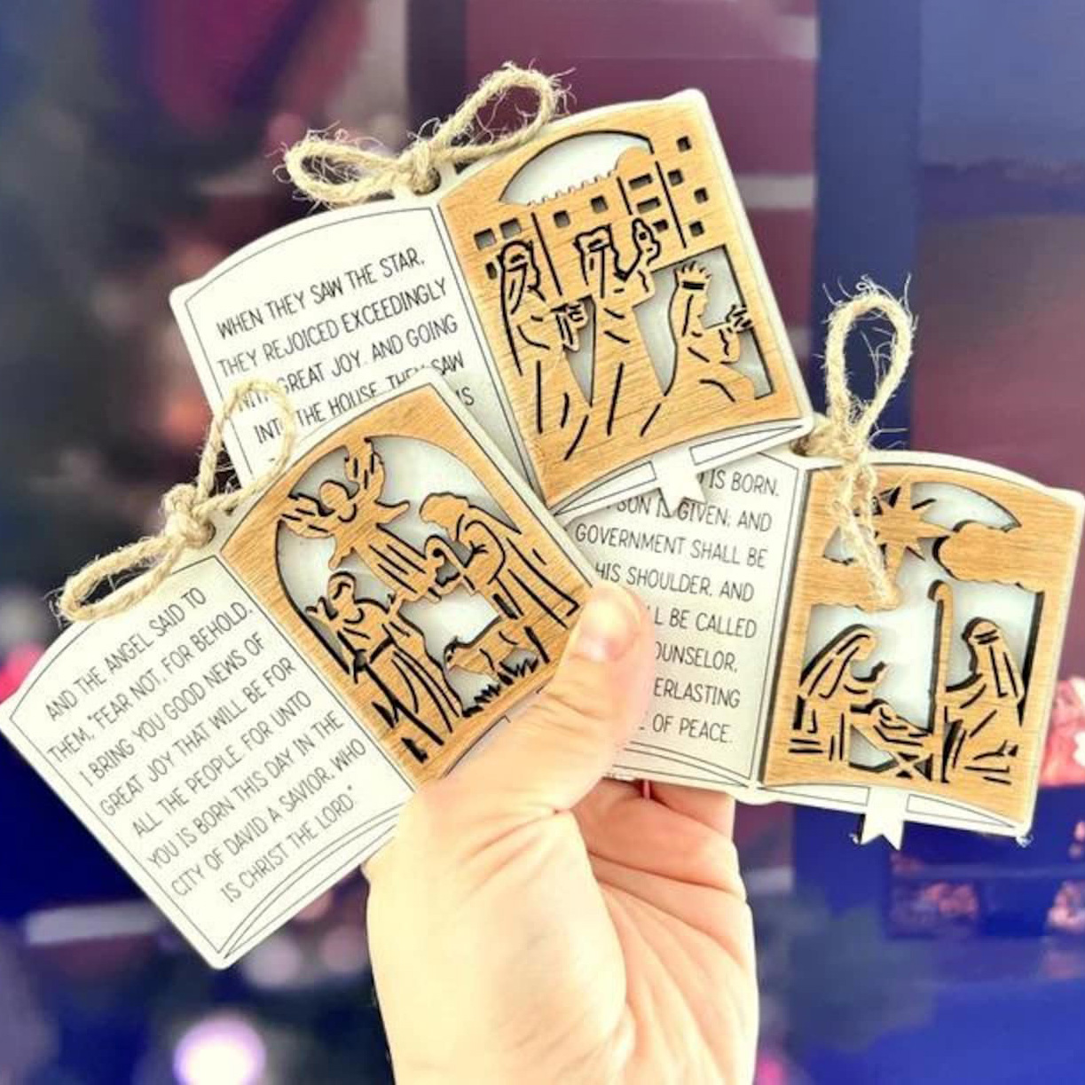 Handcrafted Wooden Nativity Scene Ornaments with Scripture