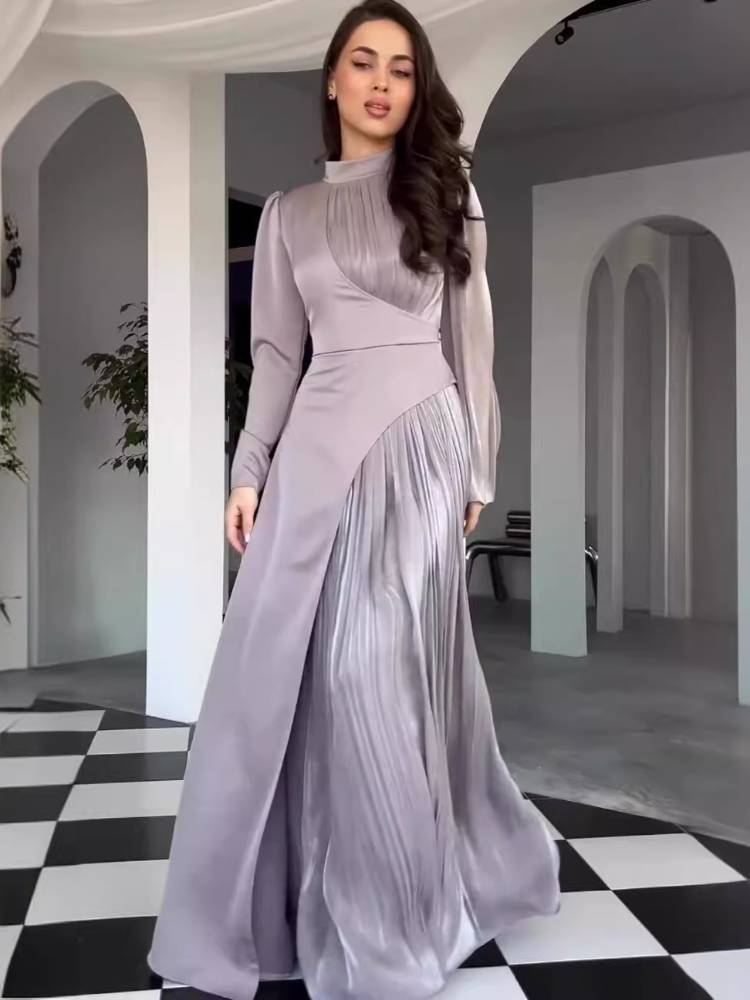 Spring And Summer New Round Neck Color Matching Long Sleeve Slim Belt Vintage Dress