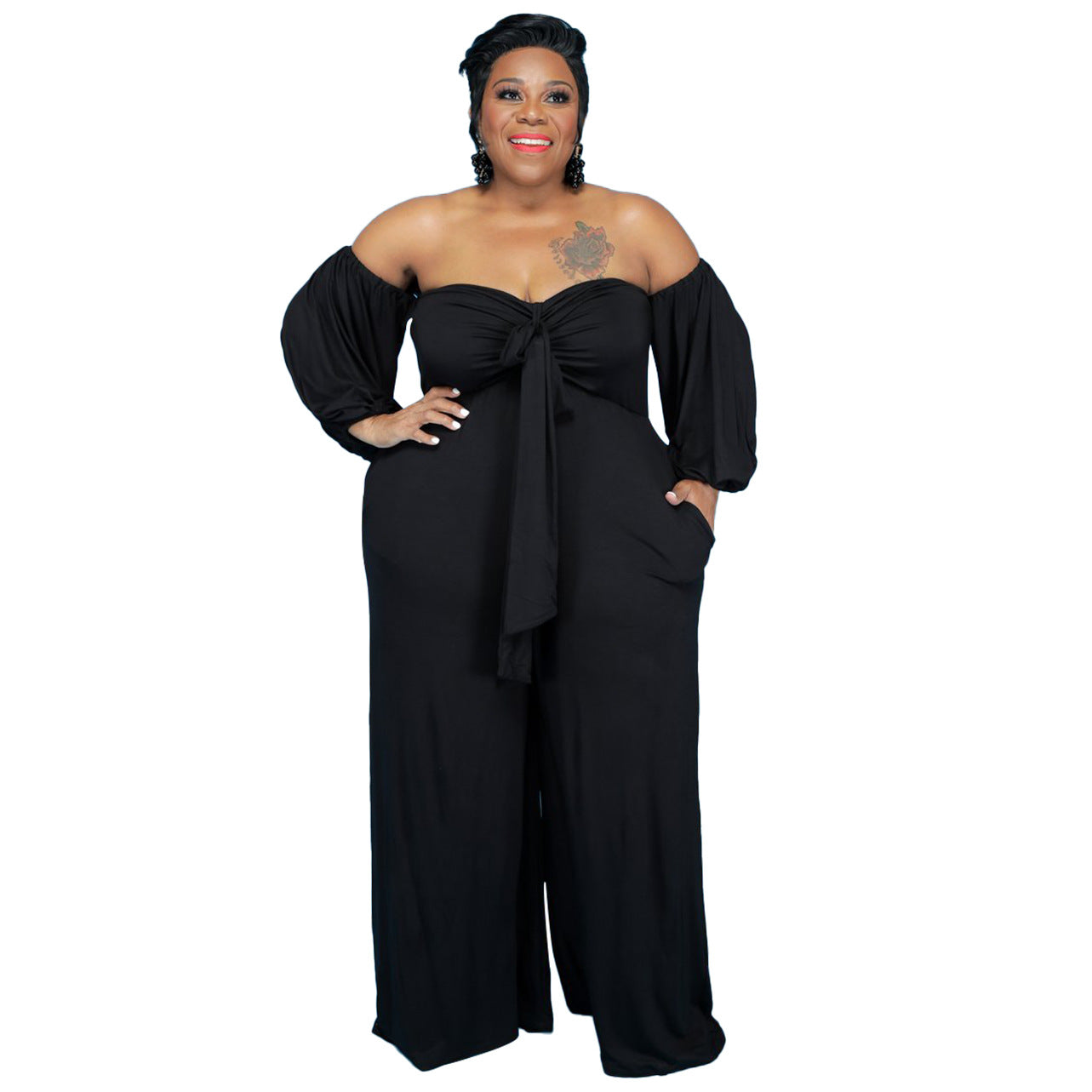 Plus Size Sexy Tube Top Solid Color Jumpsuit Wide Leg Pants