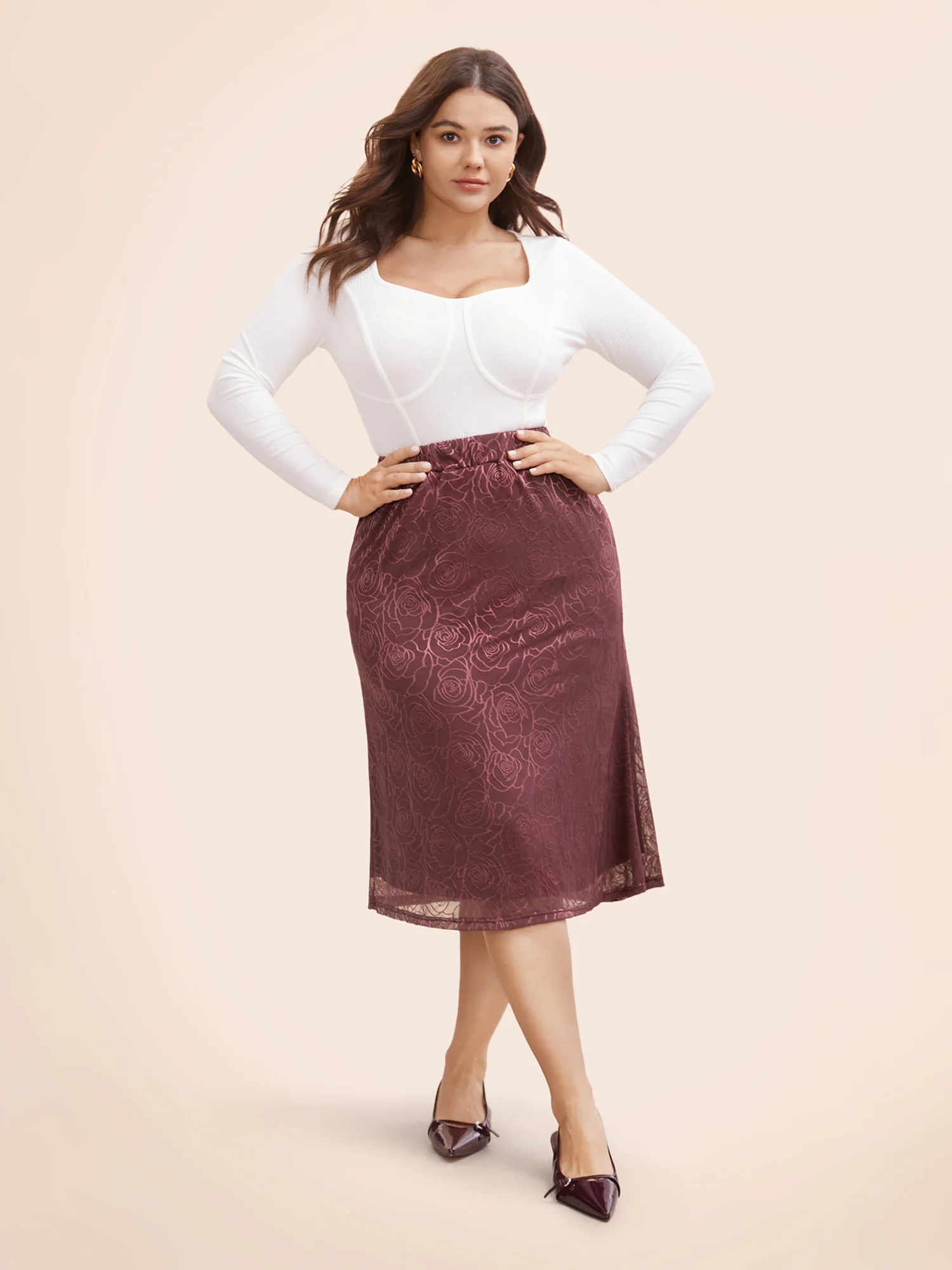 Floral Textured Mesh Elastic Waist Skirt