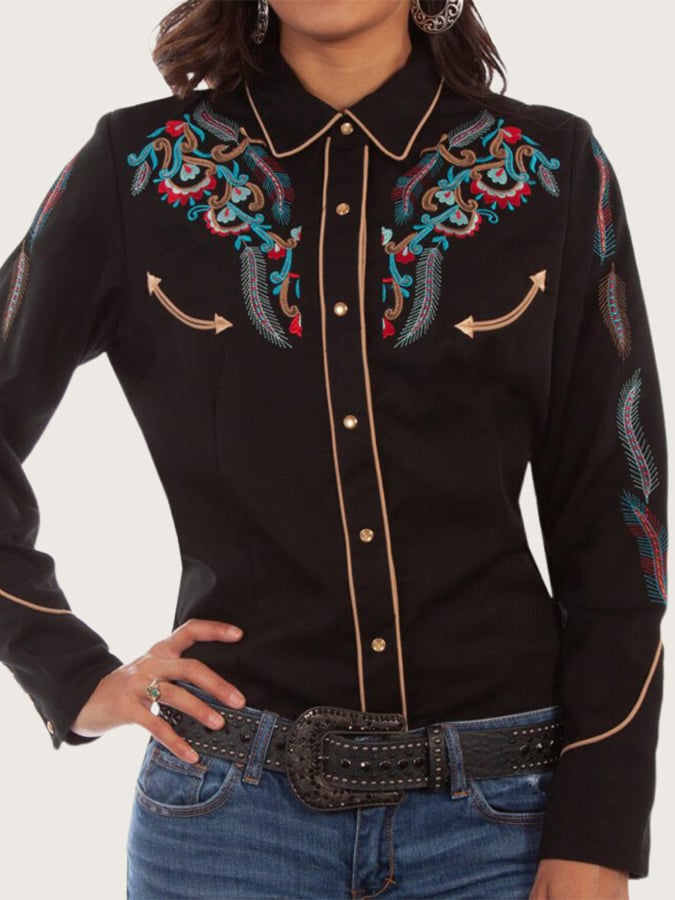 Women's Vintage Western Art Print Casual Linen Shirt