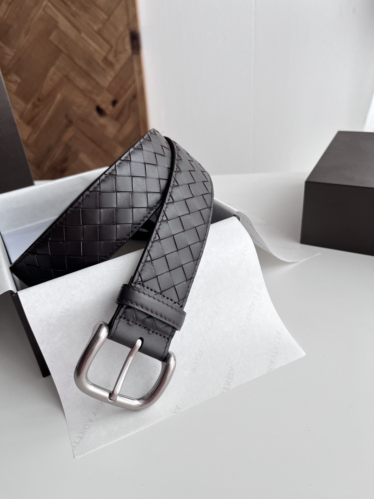 Bottega Veneta intreccio woven cowhide double-sided belt width 4.0cm