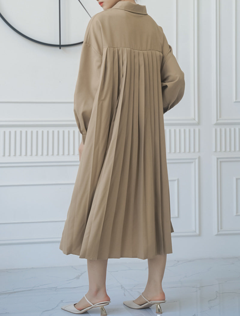Spring Autumn Loose Overknee Dress Women Casual Large Version Back Pleated Long Shirt Dress