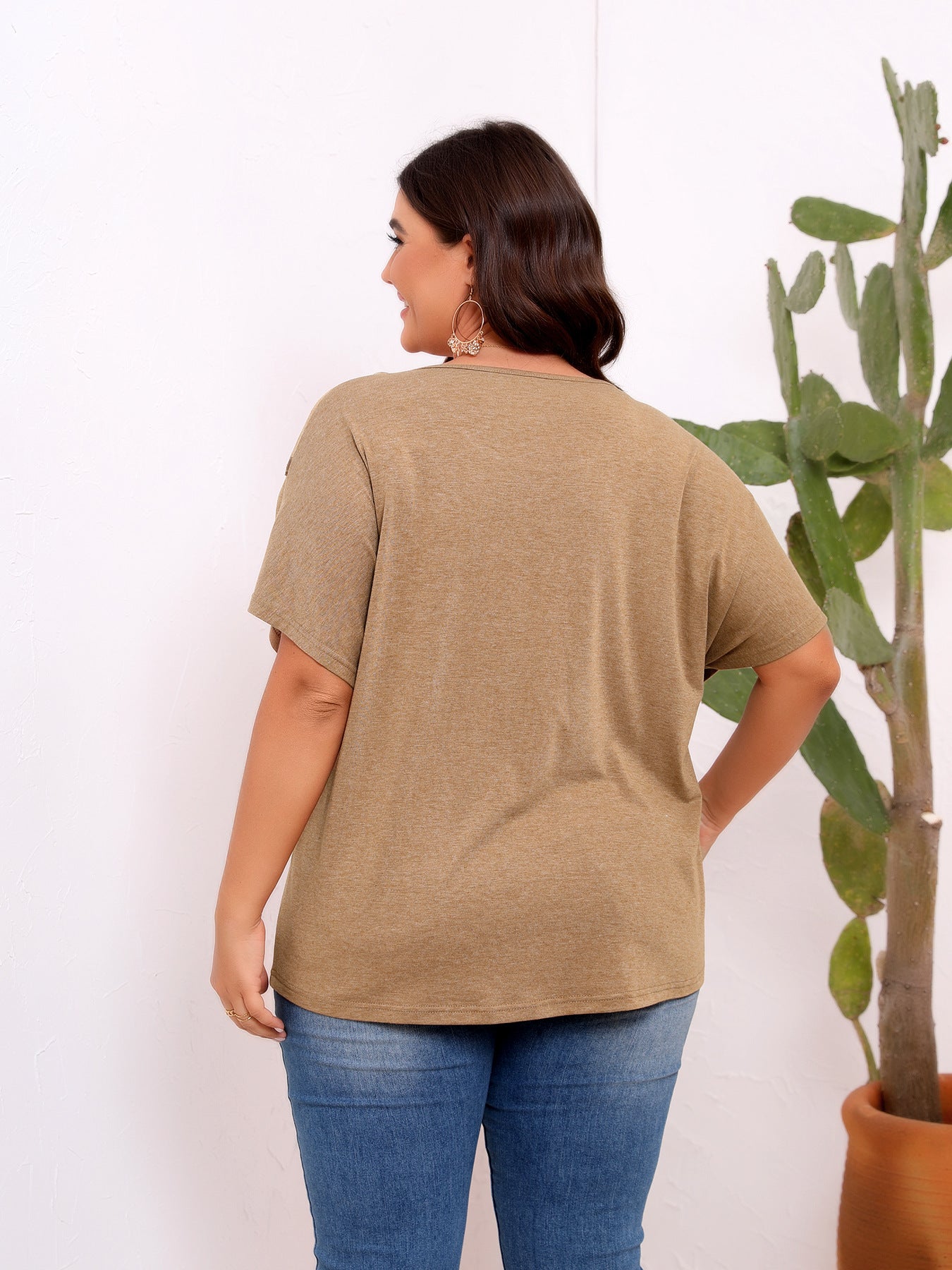 Plus Size Fastener Decoration Short-Sleeved T shirt for Women Casual Office Three Quarter Sleeve Top for Women