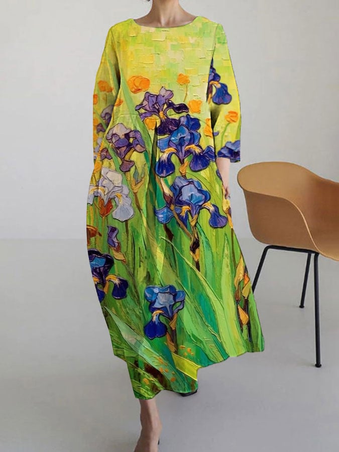 Women's Oil Painting Floral Print  Casual Cotton Linen Dress